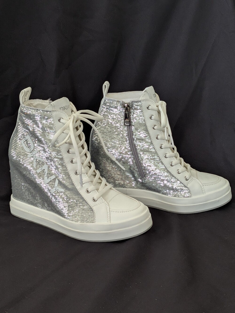 DKNY Sophie Silver Sequin & White High Top Wedge Sneakers NEW w/o Box US W Sz 8